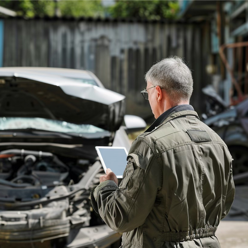 Expert automobile professionnel contrôlant le moteur d’un véhicule lors d’une expertise auto